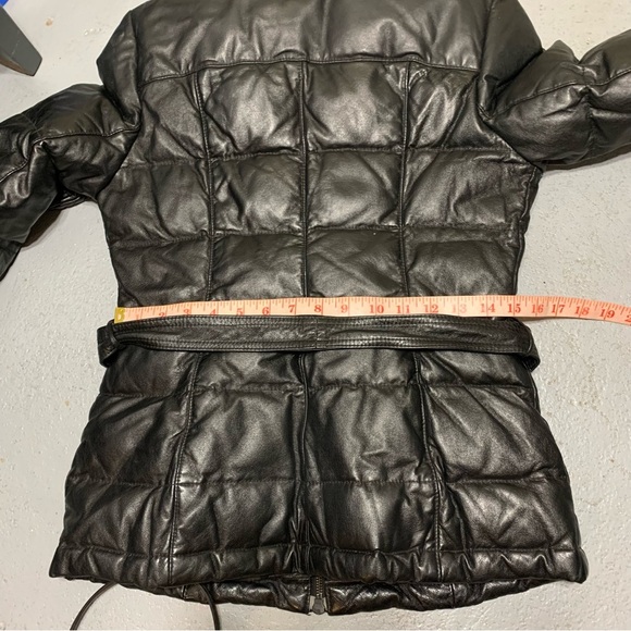 Danier Black Leather Puffer Jacket Sz XXS High Neck Bomber Quilted Winter Coat - Picture 8 of 16